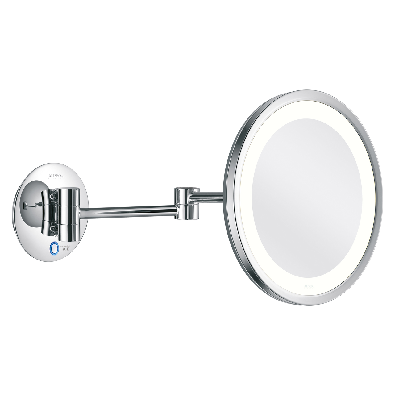 Miroir cosmétique Aliseo LED SATURN chromé sur bras double, miroir rond à anneau lumineux