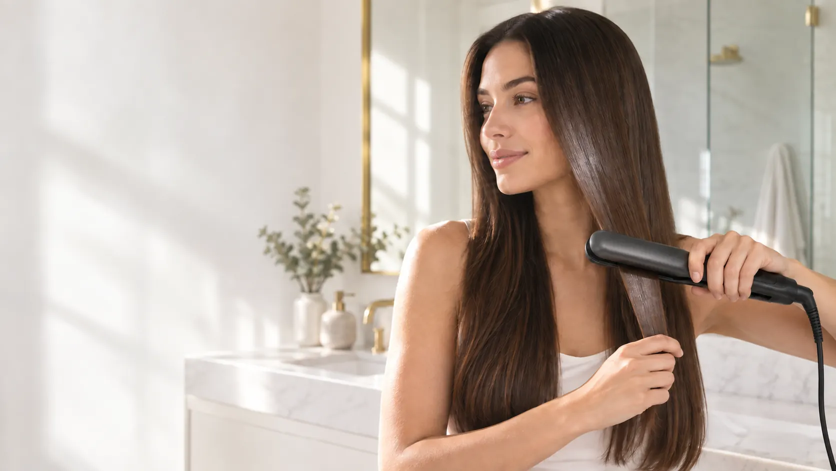 Femme passant un lisseur sur une mèche de cheveux brillante